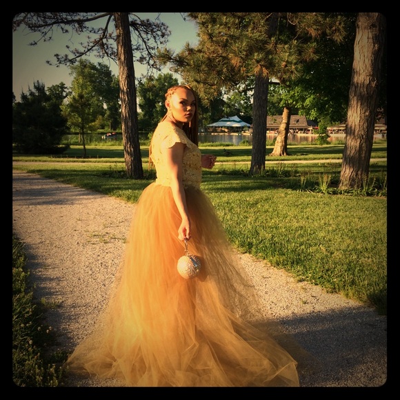 Gold Lace Appliquéd Evening Jumpsuit Prom Gown - Picture 1 of 8